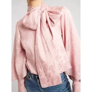 Millie Womens XL Top in Pink Jacquard Tie Neck Layered Sleeves Button-Up NWOT
